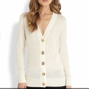 Tory Burch Merino Wool Cardigan with Gold Buttons in Cream
